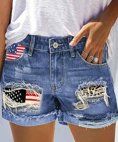 Damen Jeans Shorts Trendy Amerika Print Ripped Effekt