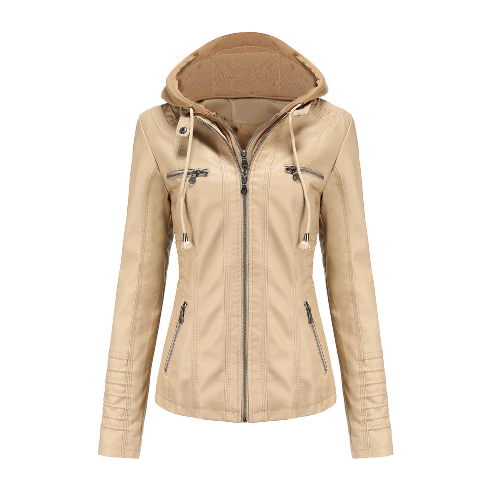 Stylische Lederjacke Slim Fit Kapuze Reißverschluss