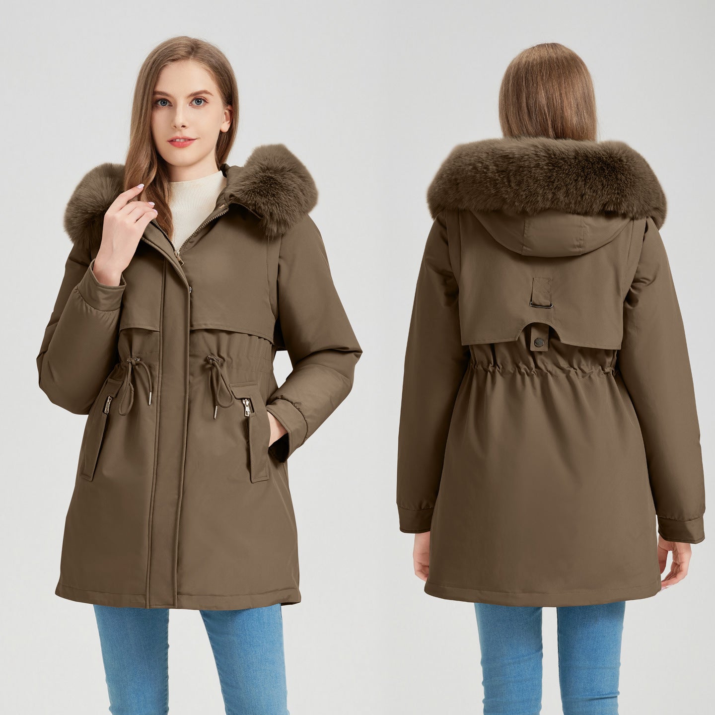 Damen Winterparka Abnehmbarer Fellkragen Slim Fit - IdealeKleiden