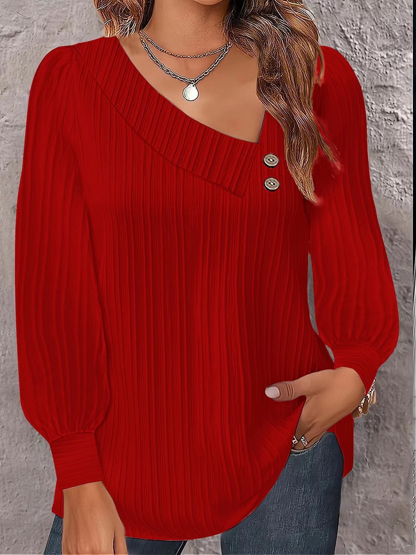 Damen Bluse Asymmetrisch Elegant Knopf Detail