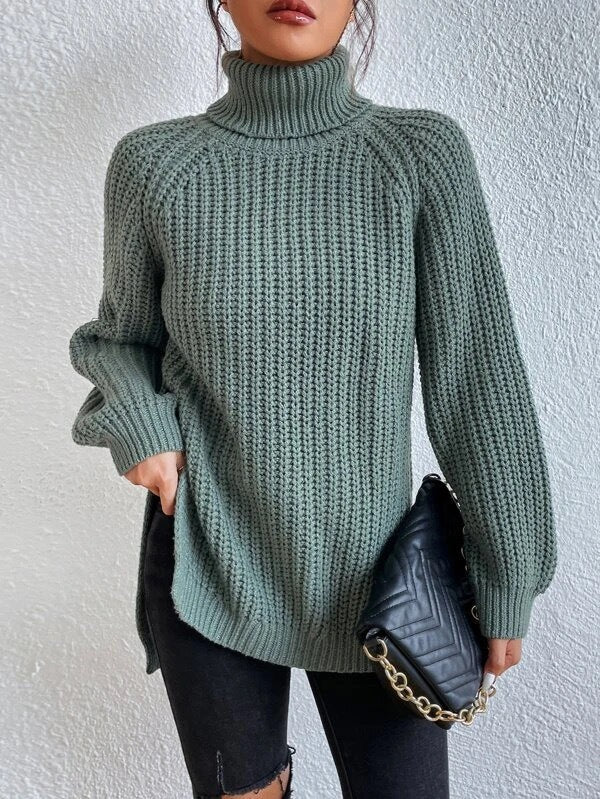 Damen Strickpullover Hochkragen Wabenmuster Eleganz