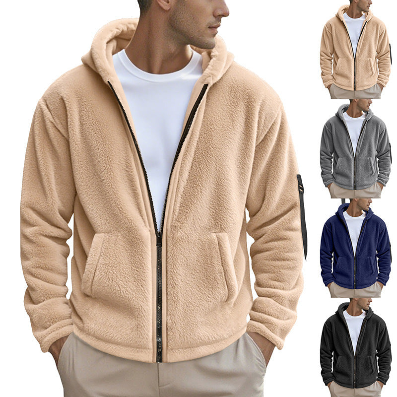 Herren Fleecejacke Kapuze Reißverschlusstaschen Outdoor - IdealeKleiden