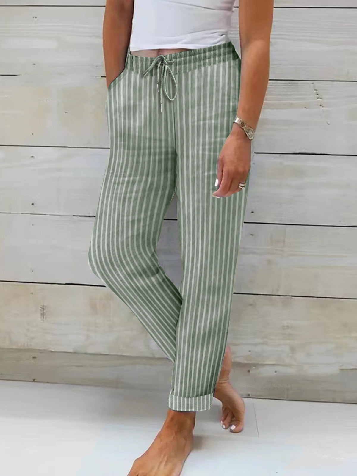 Damen Bequeme Baumwollhose Streifenmuster Flexibler Bund