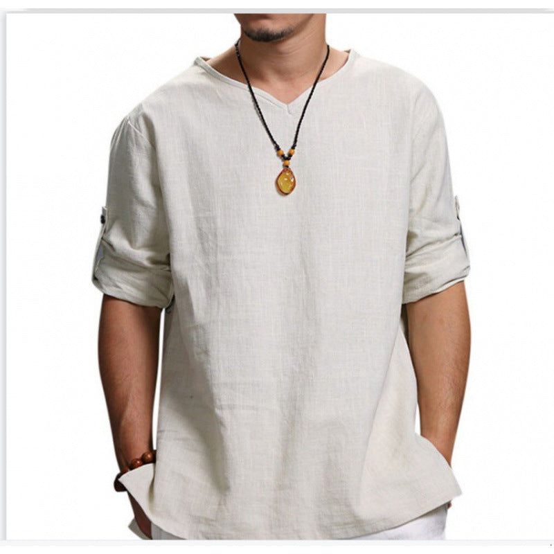 Herren Leinenhemd Sommer V-Ausschnitt Bequem