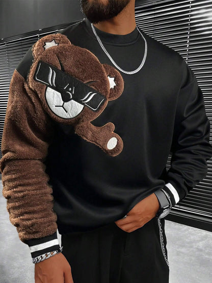 Herren Sweater Bär Applikation Weich Plüsch