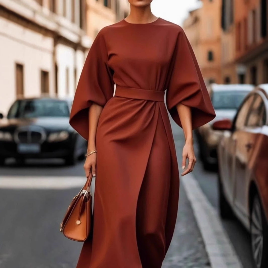 Damen Maxikleid Elegant Geschnürt mit Puffärmeln