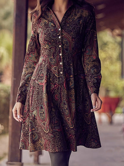 Damen Hemdblusenkleid Paisley Muster Elegant Knöpfe - IdealeKleiden