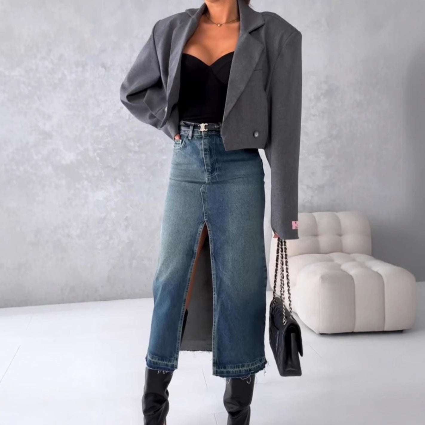 Damen Jeansrock Highwaist Ripped Distressed Look - IdealeKleiden