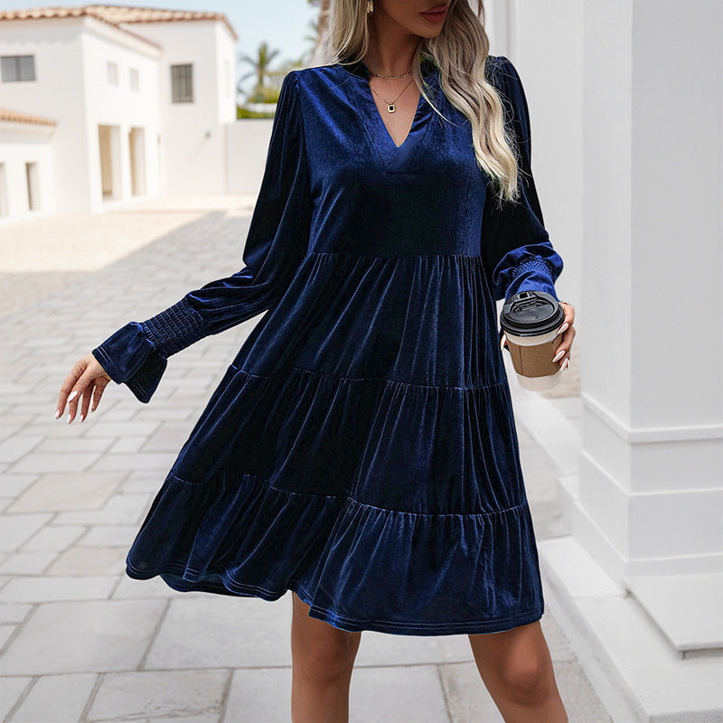 Damen Velvet-Kleid Elegantes Rüschen-Design V-Ausschnitt