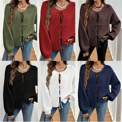 Damen Strickpullover Weich Großzügig Schnürdetail - IdealeKleiden