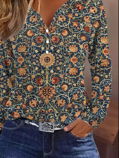 Damen Langarmshirt Elegant Farbverlauf Knöpfe