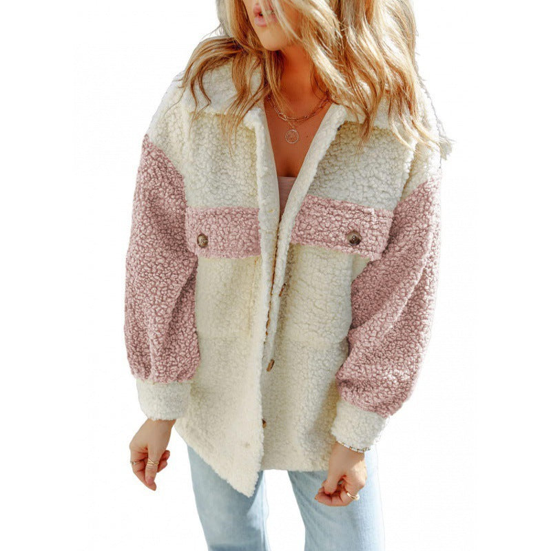 Weiche Damen Teddyjacke Kontrast Ärmel Winter