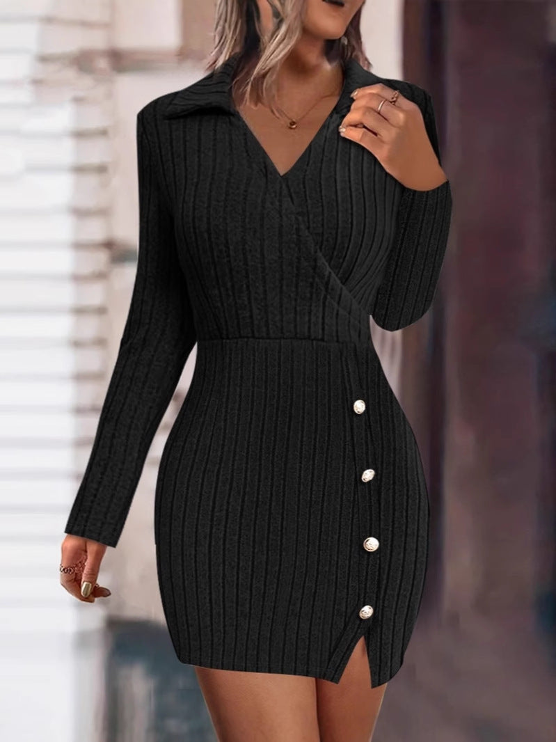 Damen Strickkleid Elegantes Design Mit Knöpfen