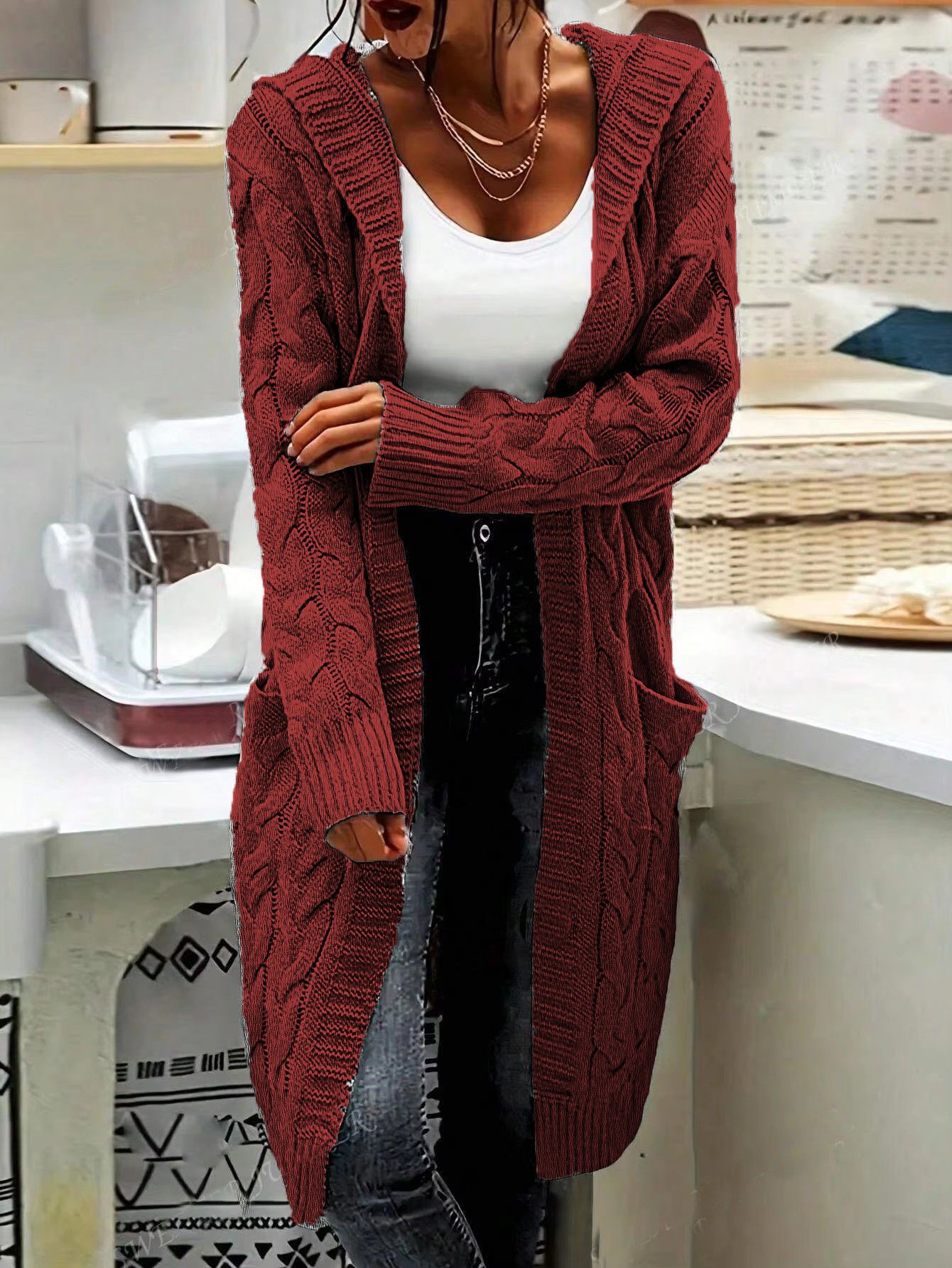 Damen Strickjacke Lässig Lang Große Taschen