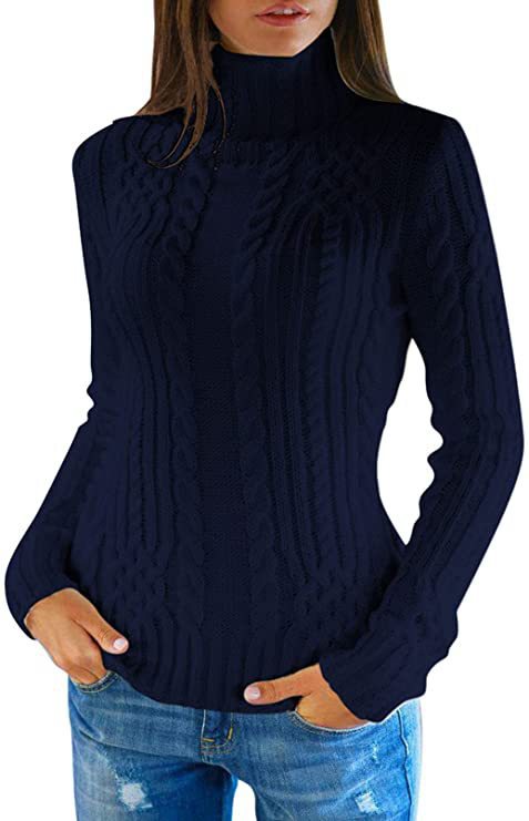 Damen Strickpullover Hochkragen Zopf Muster Elegante Kleidung