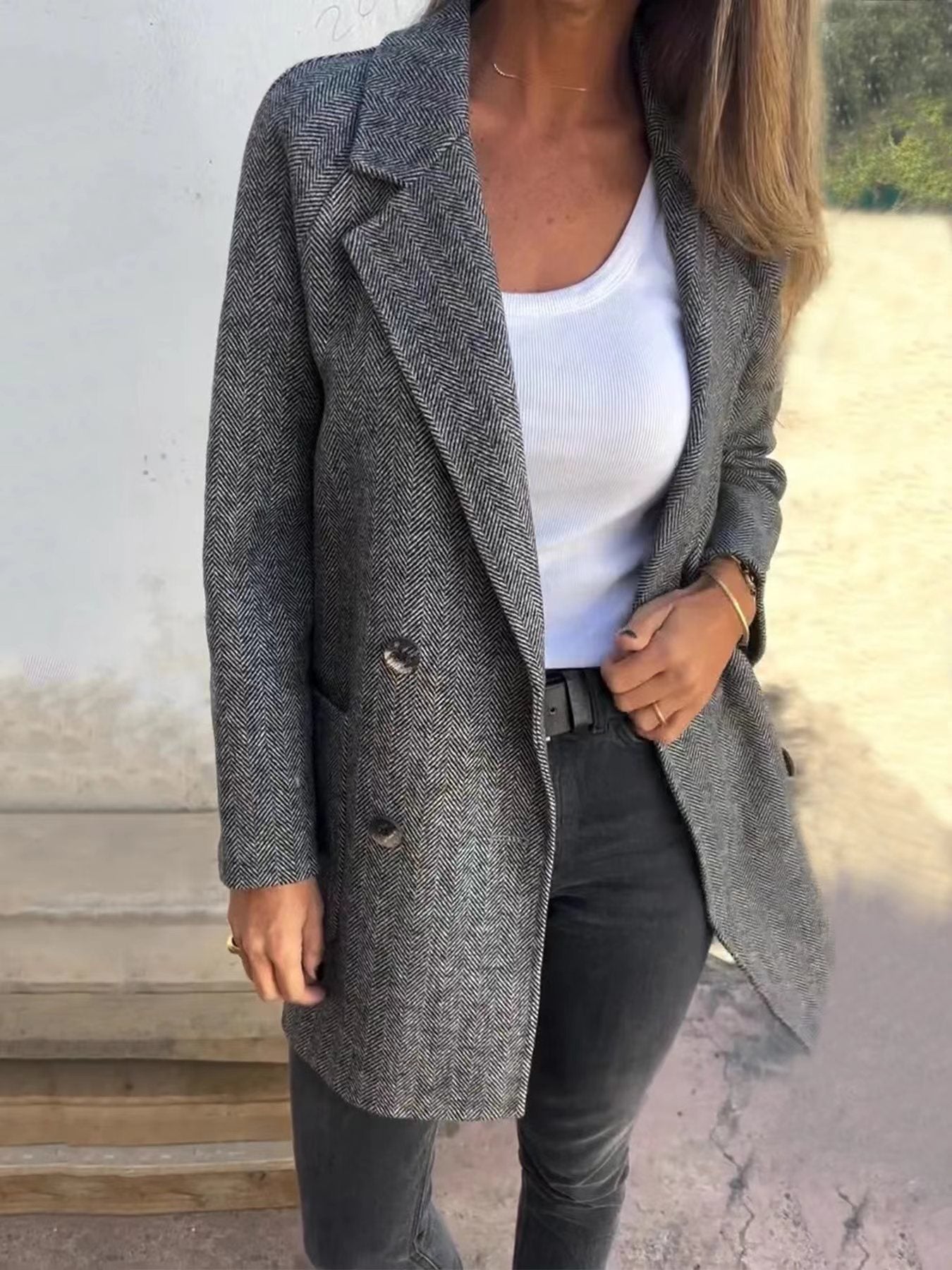Elegantes Zweireiher Kleid Wollmix Taillierte Form - IdealeKleiden