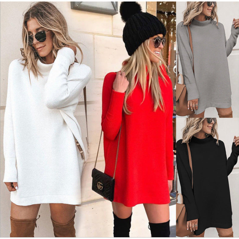 Damen Oversize Rollkragen Kleid Langärmelig Bequem - IdealeKleiden