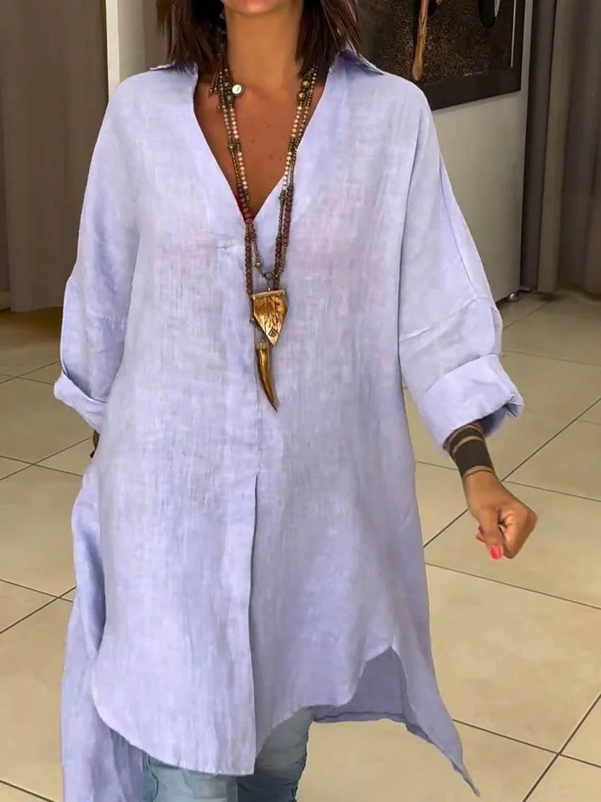 Damen Leinen Tunika Elegant Asymmetrisch Schnitt