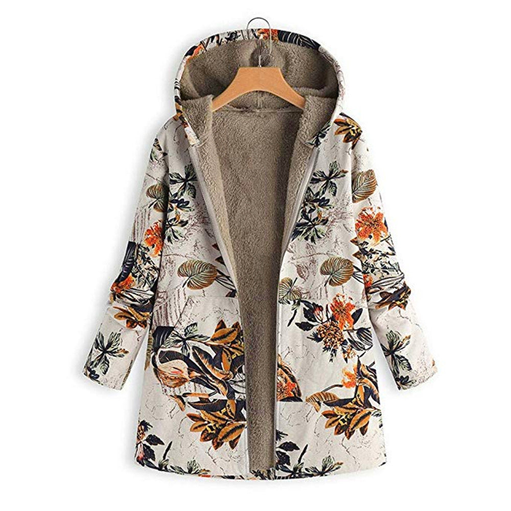 Kapuzenmantel Damen Plüschfutter Floral Design Locker Sitz