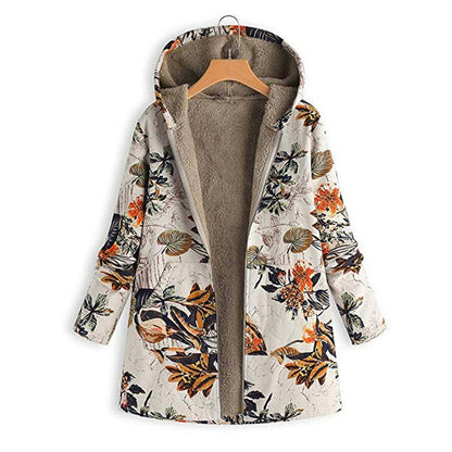 Kapuzenmantel Damen Plüschfutter Floral Design Locker Sitz