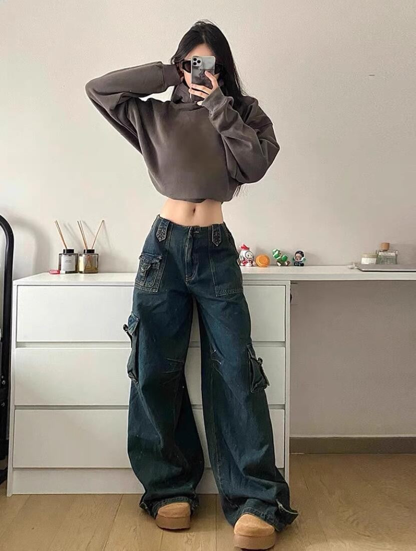 Damen Cargo-Jeans Oversized mit Taschen Bequem Freizeit