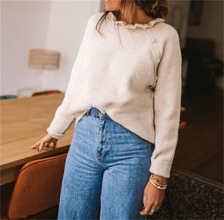 Damen Pullover Wollstrick Rüschenkragen Lockere Passform