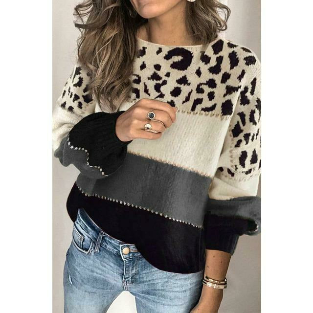 Damen Strickpullover Leopard Muster Herbstmodell