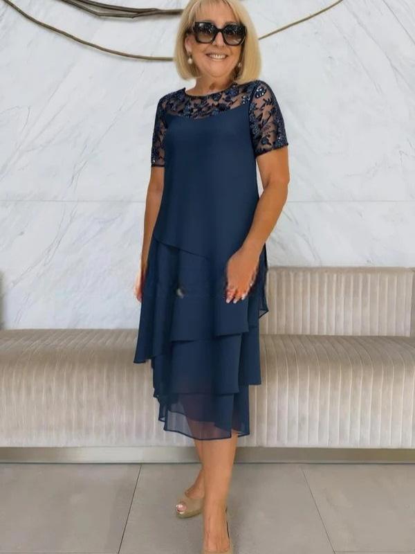 Elegantes Damenkleid Spitze Ärmel Asymmetrisch