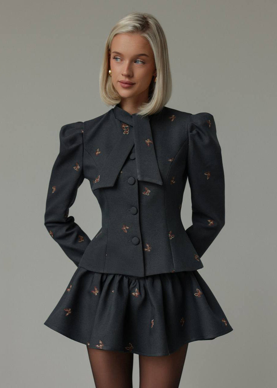Stilvolles Damen-Set Puffärmel Jacke Rock