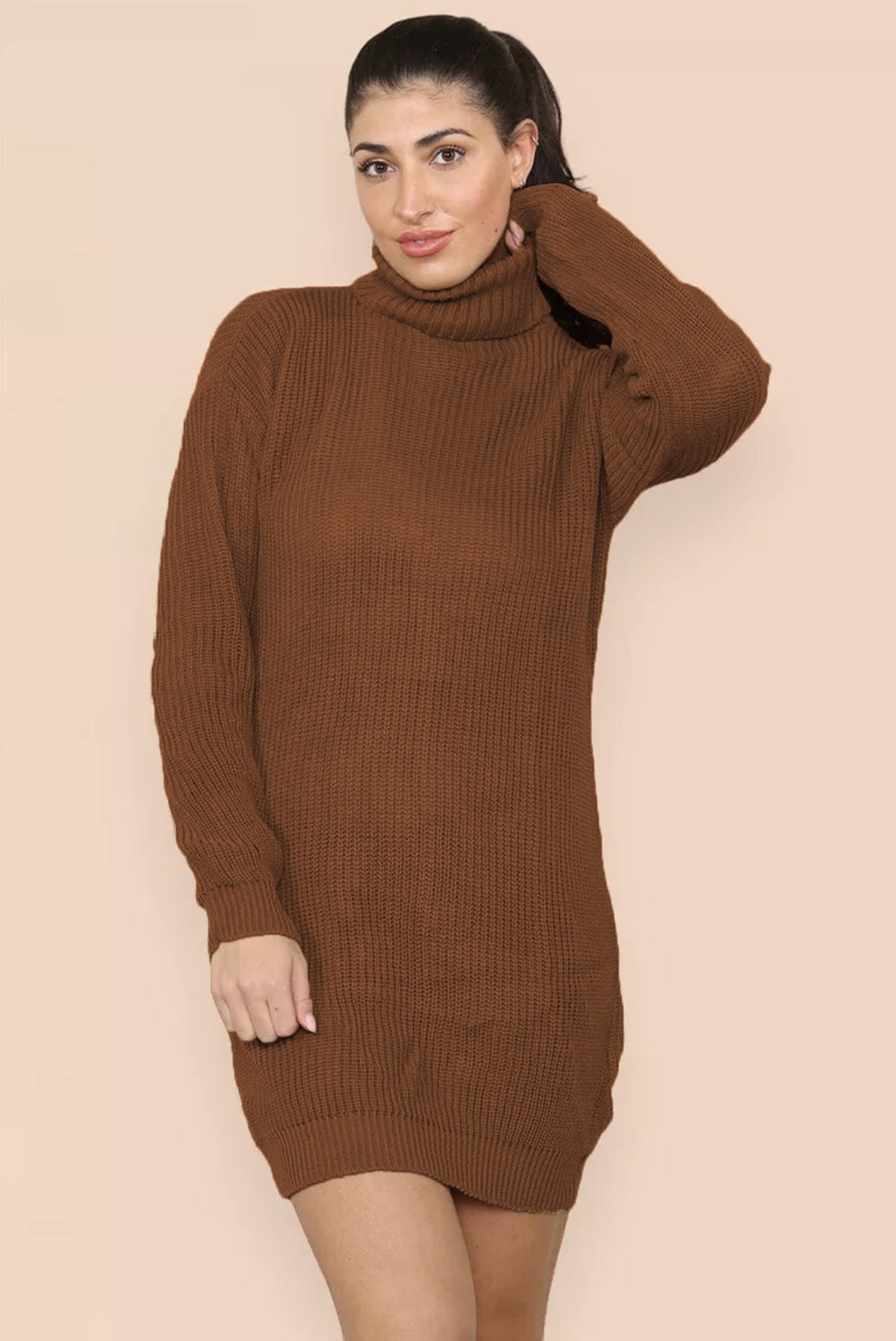 Damen Strickkleid Hochkragen Gestrickt Elegant