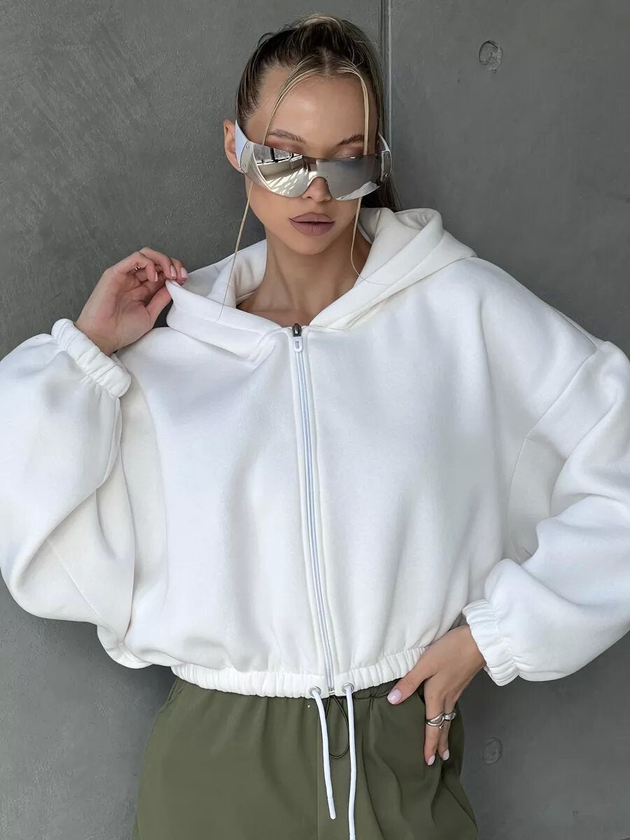 Damen Sportliche Cropped Hoodie Mit Reißverschluss