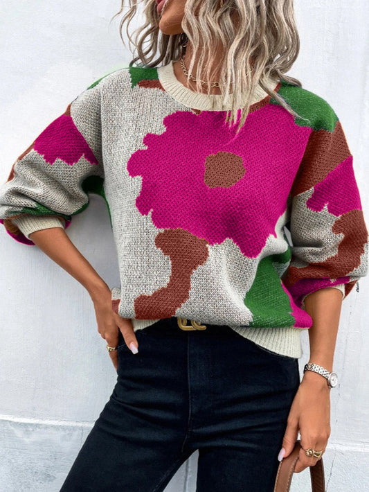 Gemusterte Strickpulli Lockere Passform Rundhals - IdealeKleiden
