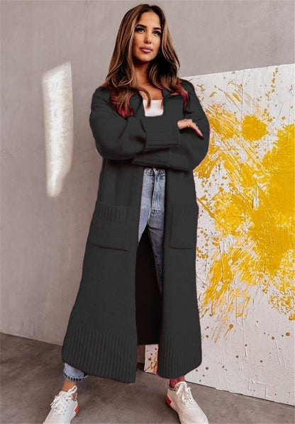 Lange Strickjacke mit Offener Vorderseite und Taschen