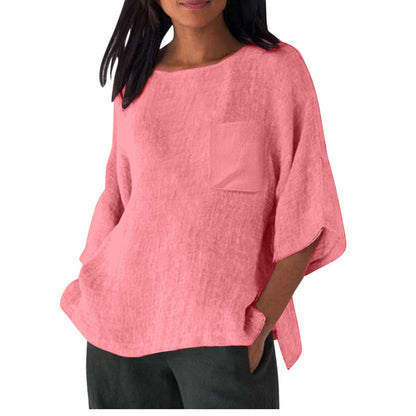 Damen Leinen Top mit Brusttasche Sommerkleidung
