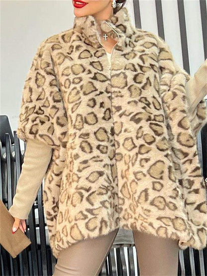 Damen Fleece Poncho Leoparden Look Warm