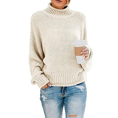 Damen Pullover Grobstrick Stehkragen Oversized Ärmel