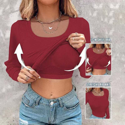 Damen Crop Top Langarm BH Einlage Stretch