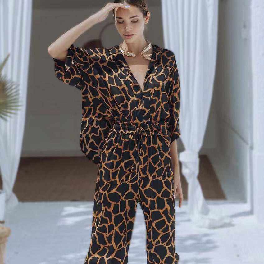 Damen Jumpsuit Elegant Giraffenmuster Weite Beine