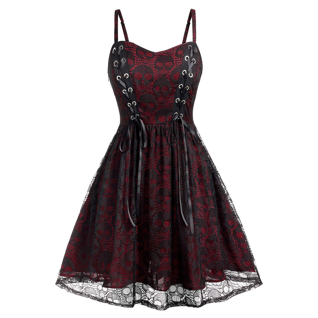 Damen Skaterkleid Elegant Spitze Schnürung