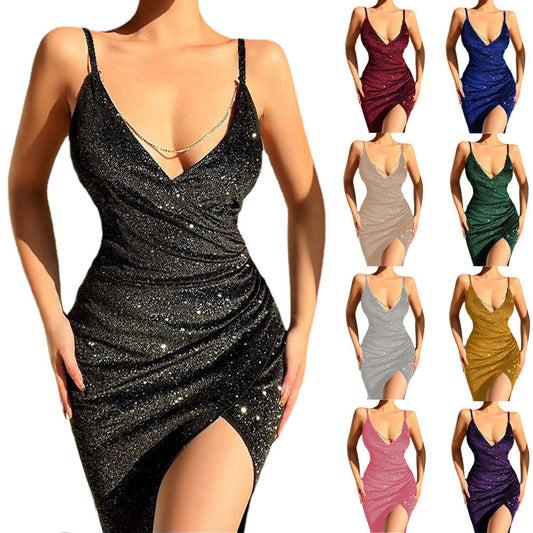 Glitzerndes Damenkleid V-Ausschnitt Seidenoptik Abendkleid - IdealeKleiden