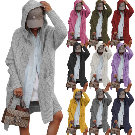 Damen Strickjacke Kapuze Zopfmuster Trendy - IdealeKleiden