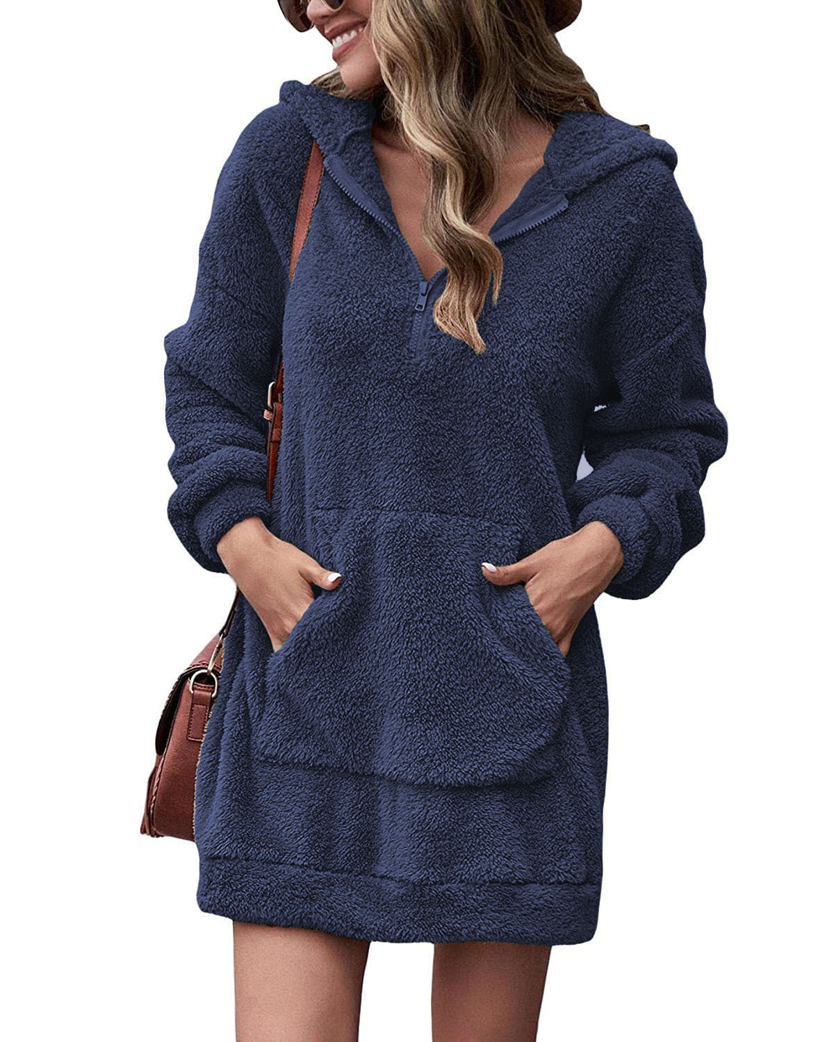 Damen Fleece Kleid Kapuze Taschen Soft Winterkleid