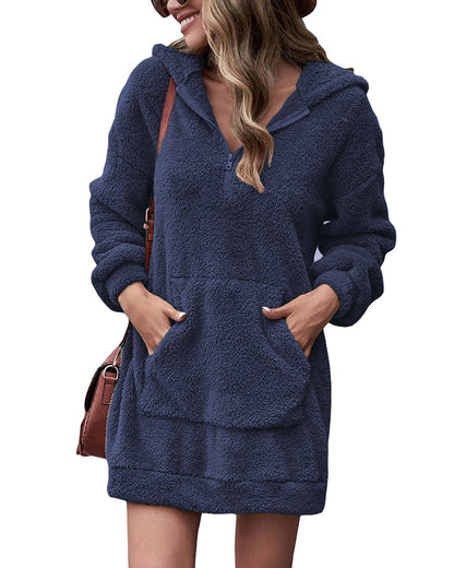 Damen Fleece Kleid Kapuze Taschen Soft Winterkleid