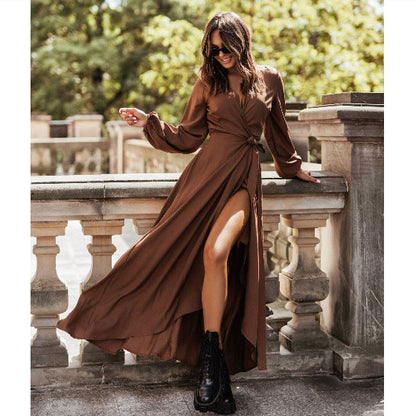 Damen Maxikleid Elegant Rüschenkleid Langärmlig - IdealeKleiden