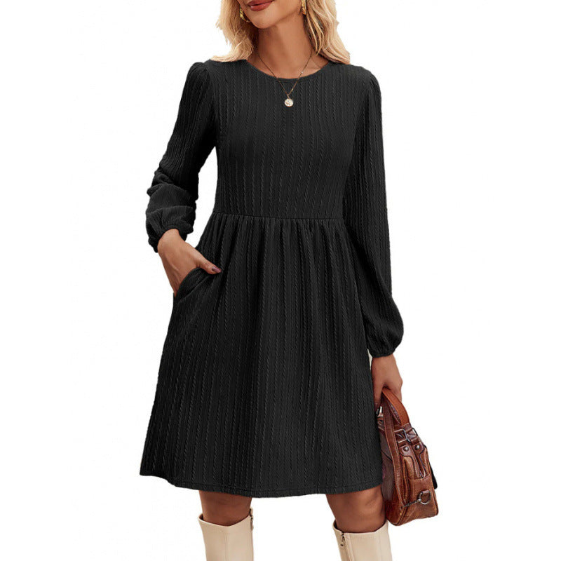 Damen Kleid Langarm Plissee Elegant Casual