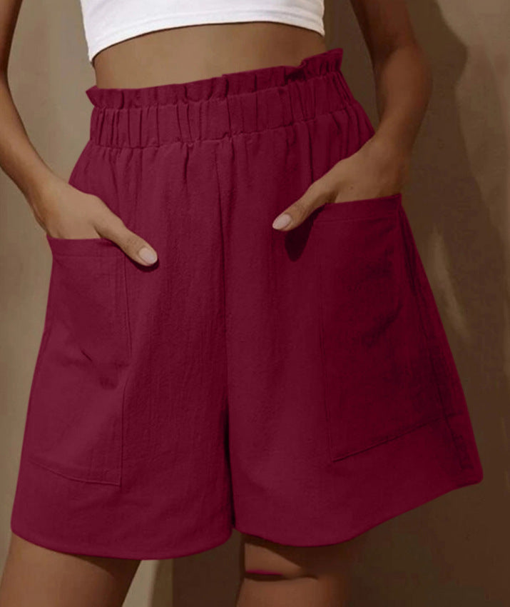 Damen Leinen Shorts Bequem Elastisch mit Seitentaschen