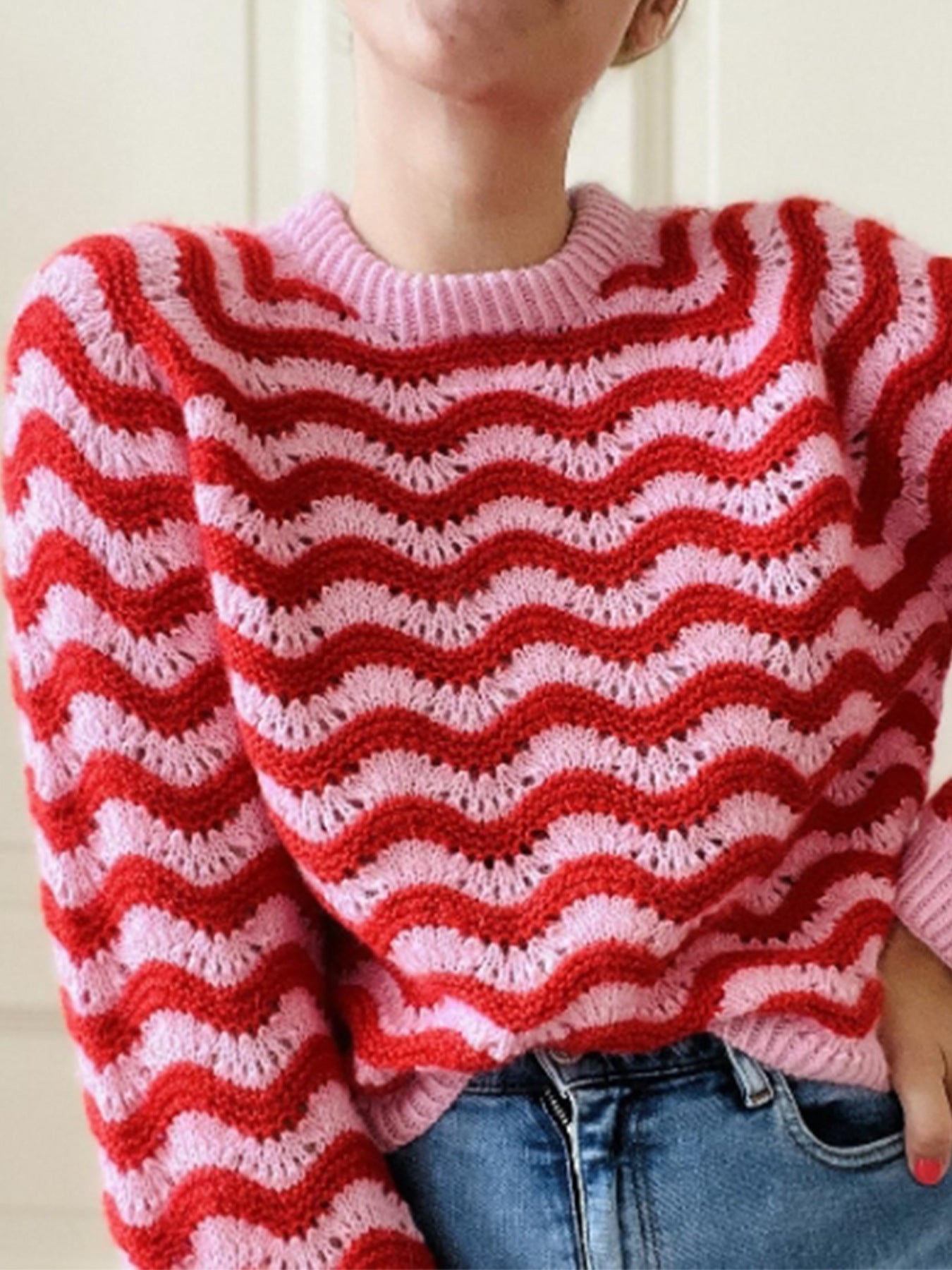 Damen Pullover Großzügig Wellenmuster Oversized