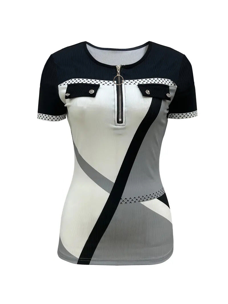Damen Sporttop Kurzarm mit Reißverschluss und Deko-Bändchen - IdealeKleiden