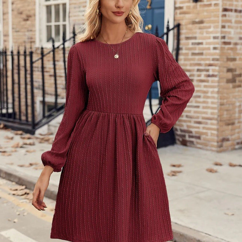 Damen A-Linie Kleid mit Puffärmeln Elegantes Rippstrick Design