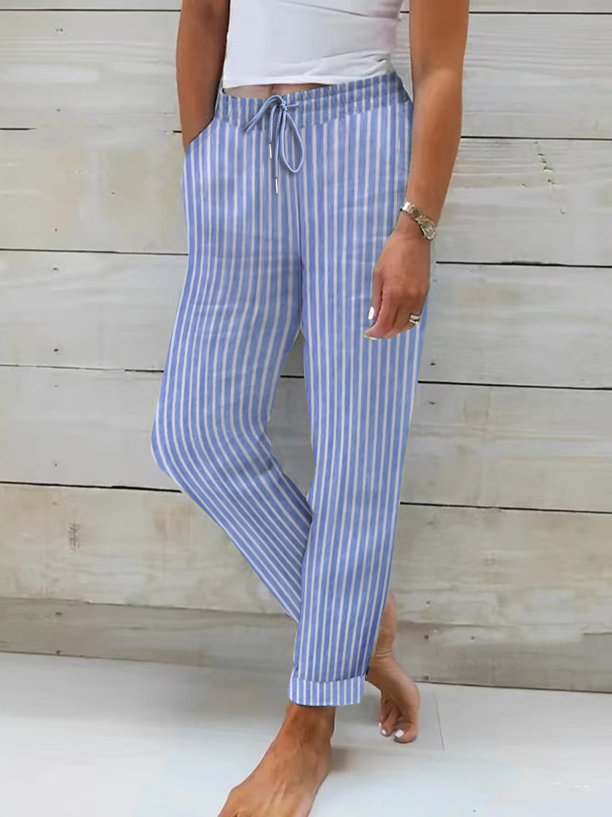 Damen Bequeme Baumwollhose Streifenmuster Flexibler Bund